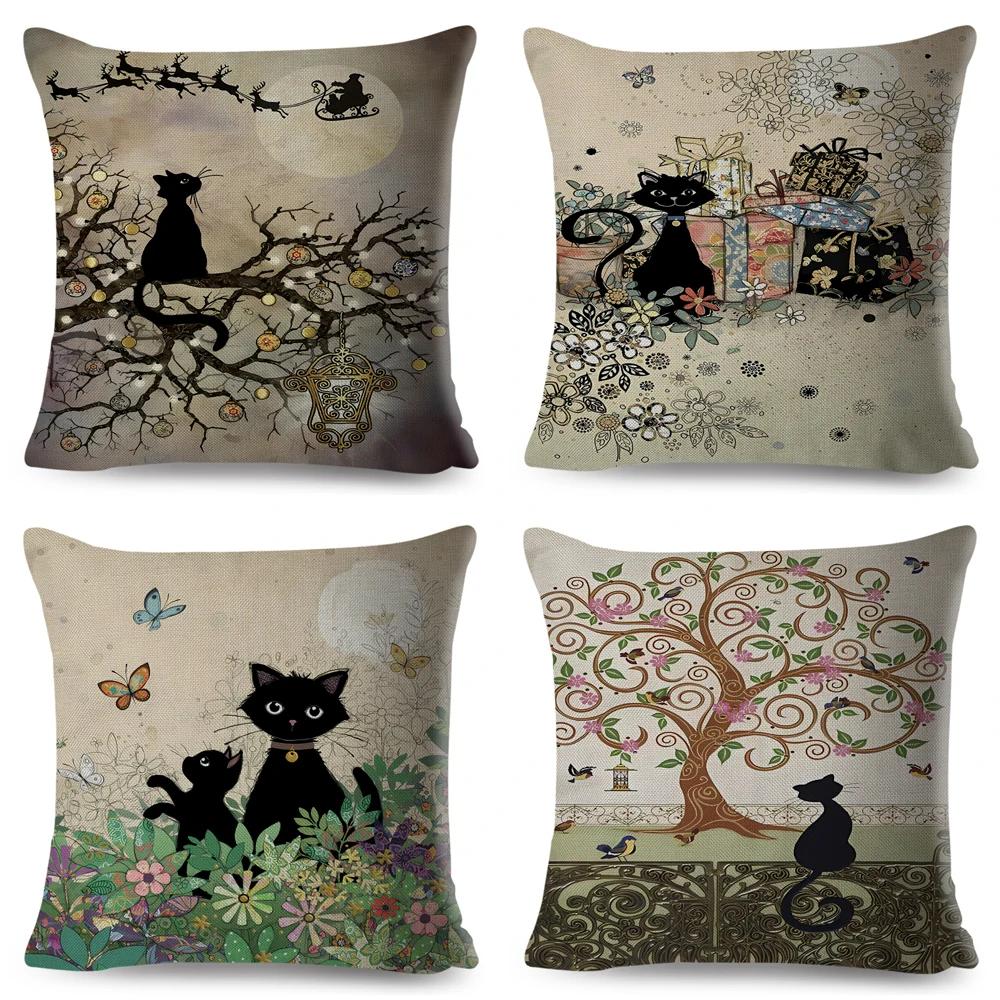 Cute Elegant Black Cat Cushion Cover Double Print Decor Cartoon Animal Pillow Case for Sofa Home Car Linen Throw Pillowcase