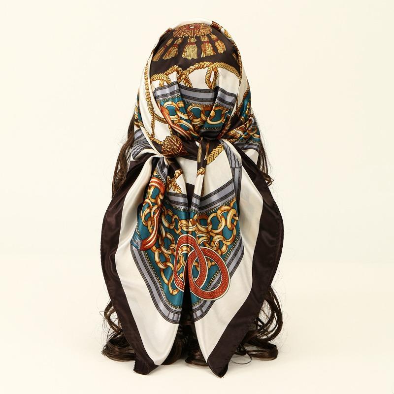

Vintage Ring Satin Printed Versatile Square Scarf Daily Fashion Multifunctional Ladies Decorative Shawl Scarf 88*88cm
