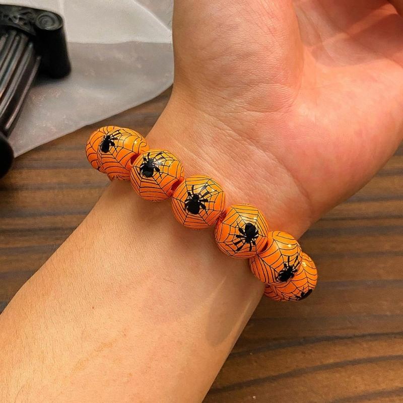 Trendy Halloween Charm Bangle Wood Beaded Bracelet Unique Skeleton Eye Blood Drops Pumpkin Design Hand Chain for Women