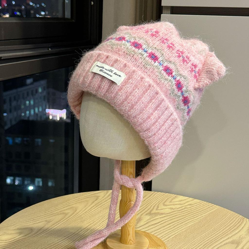 New Cute Cat Ears Plus Velvet Knitted Hat for Women in Autumn and Winter Thickened and Warm Ear Protecting Lei Feng Hat Showing Face Small Woolen Hat