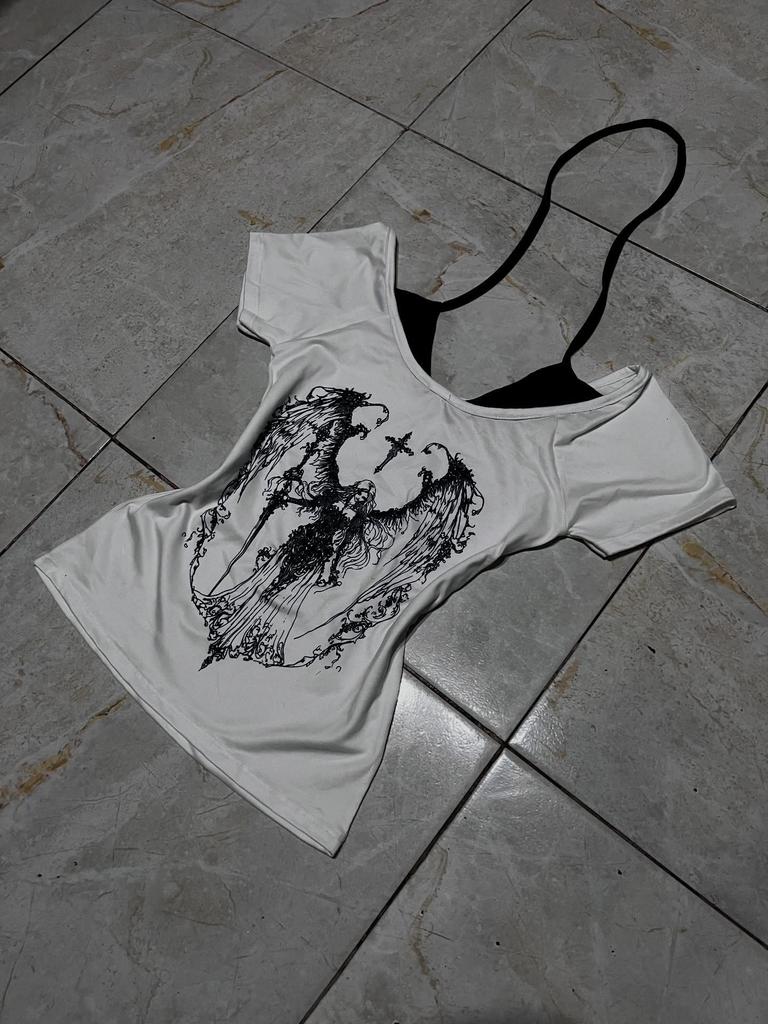 Summer Street Style Dark Print Fake Two-Piece Halter Pullover T-shirt for Women