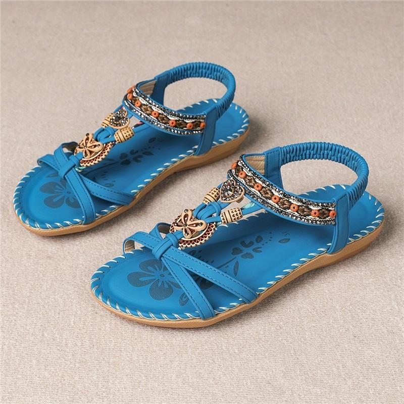 Bohemian Style Large Size Flat Bottomed Flower Rhinestone Sandals Open Toed Outer Wear Beach Sandals
