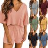 Spring and Summer Waffle Short Sleeve V-Neck Top Shorts Home Two Piece Set