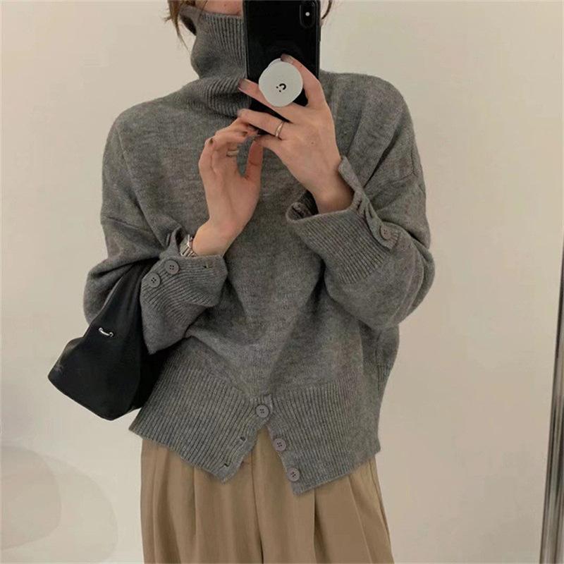 

Design sense high waist button pullover turtleneck sweater women s autumn and winter retro lazy style wear knitted sweater one size fits all серый
