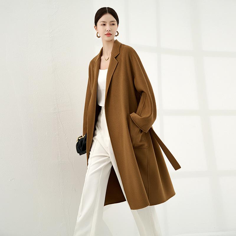 100% Pure Cashmere Water Ripple Double-Faced Wool Coat with Belt - Women's Outerwear
