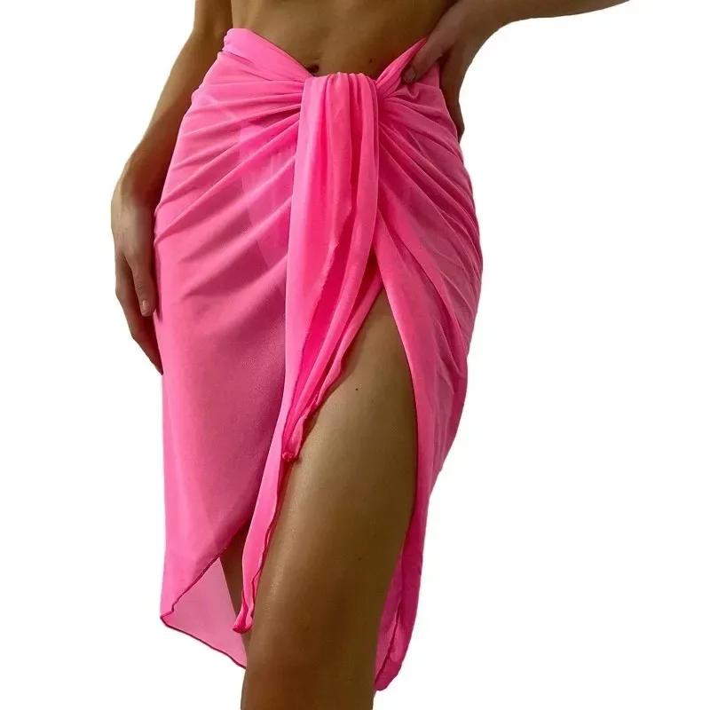Letnia Sukienka Plażowa Kopertowa Przezroczysta Kopertówka Węzeł w Talii Strój Kąpielowy Cover Up Spódnica Bikini Kopertówki Szalik Stroje Kąpielowe Cover Ups Kobiety Szale do Bikini