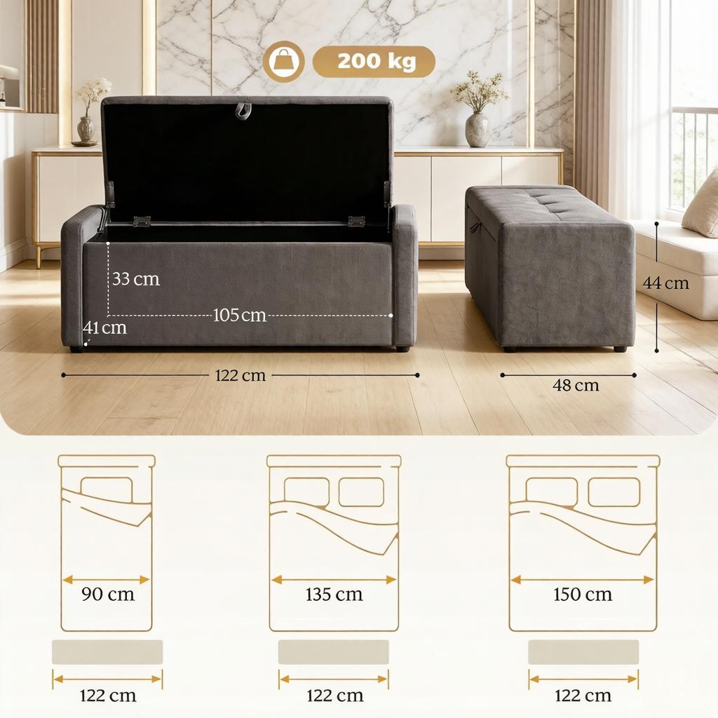 Storage Bench, Bed End, Footrests Made of Linen with Large Seat