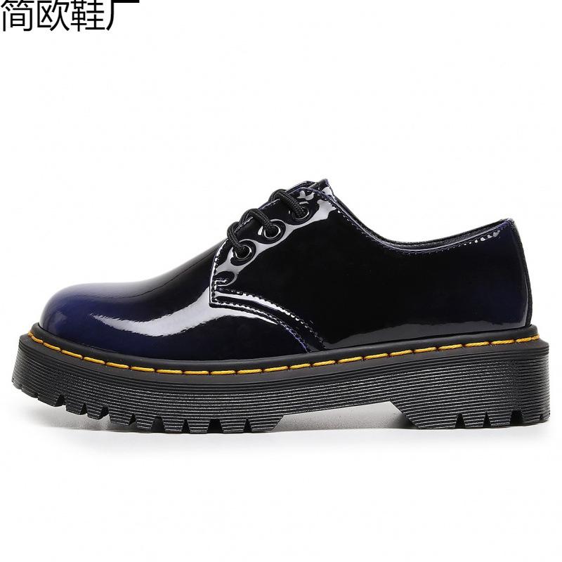 1 thick-soled hole small leather shoes female, low-top leather color-changing green round head casual student medium thick pine