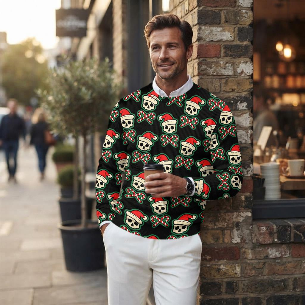 Men's Crewneck Long Sleeve Ribbed Knit Pullover Sweater with Christmas Print for Winter