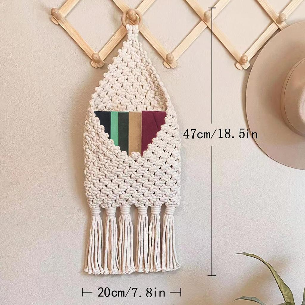 Macrame Mail Organizer Wall Mounted, Handmade Hanging Woven Basket for Boho Home Office Decor, Over the Door Key Letter Envelope File Holder for