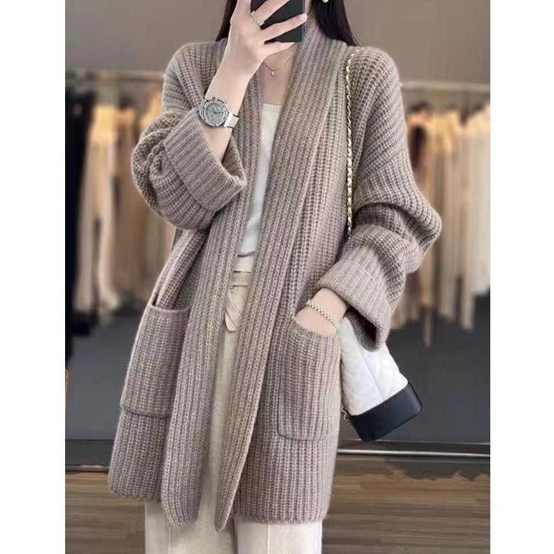 Autumn Winter Lazy Style Thick Thread Plus Size Sweater Cardigan Temperament Medium Long Loose Knit Thick Coat for Women  Jackets & Coats (women’s)