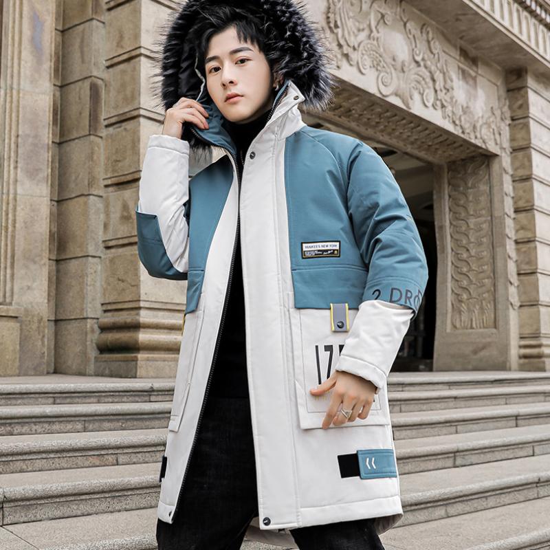 Men'S Casual Mid-Length Winter Down Jacket, Hooded Coat with Faux Fur Collar, White Duck Down Filler, Long Sleeve, Zipper Placke