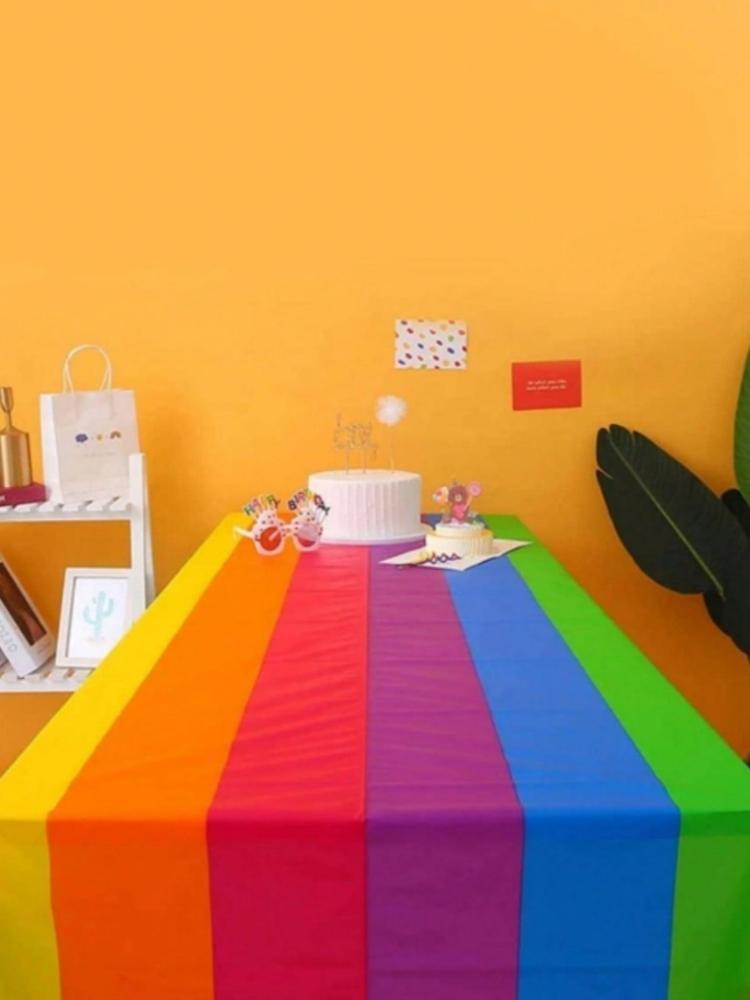 

1pc Rainbow tablecloth 108-inch, plastic, waterproof and oil-proof wash free, home decor, birthday party, outdoor tablecloth See below for size descriptions