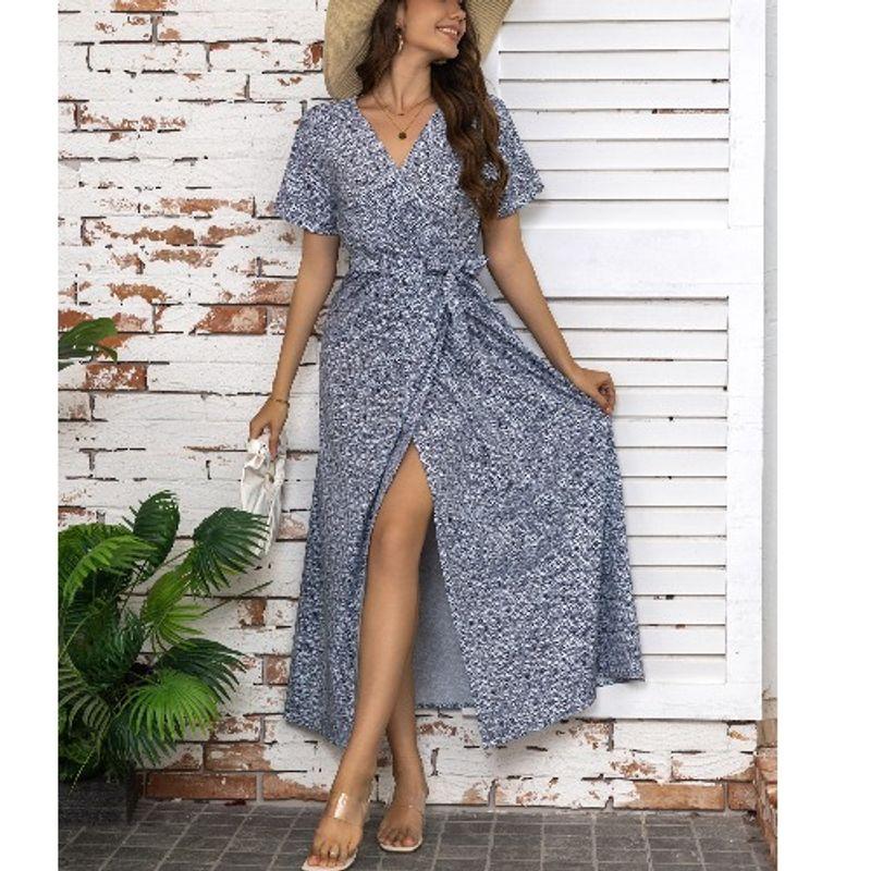 Cross-Border Fashion Summer New V Neck Small Floral Sexy Slit Short Sleeve Dress Sanya Seaside Beach Dress