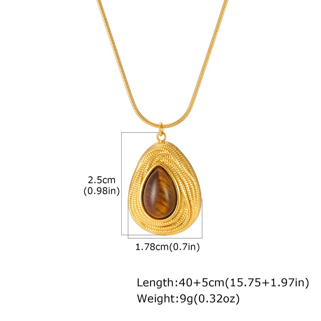 Retro Natural Stone Water Drop Pendant Necklace for Women, Waterproof Stainless Steel Necklace, Personalized Temperament Jewelry