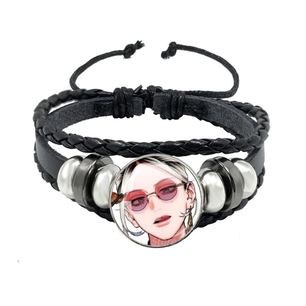Manga Gokurakugai Cartoon Character Glass Cabochon Black Leather Bangle Bracelet Jewelry Charm Fans Gift MS013