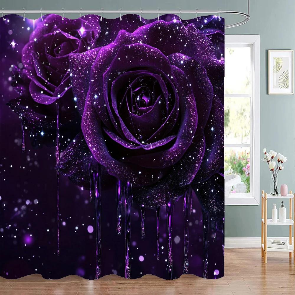 Shiny Purple Rose Flowers Shower Curtain, Bathroom Decorative Shower Curtain, Waterproof Shower Curtain with Hooks