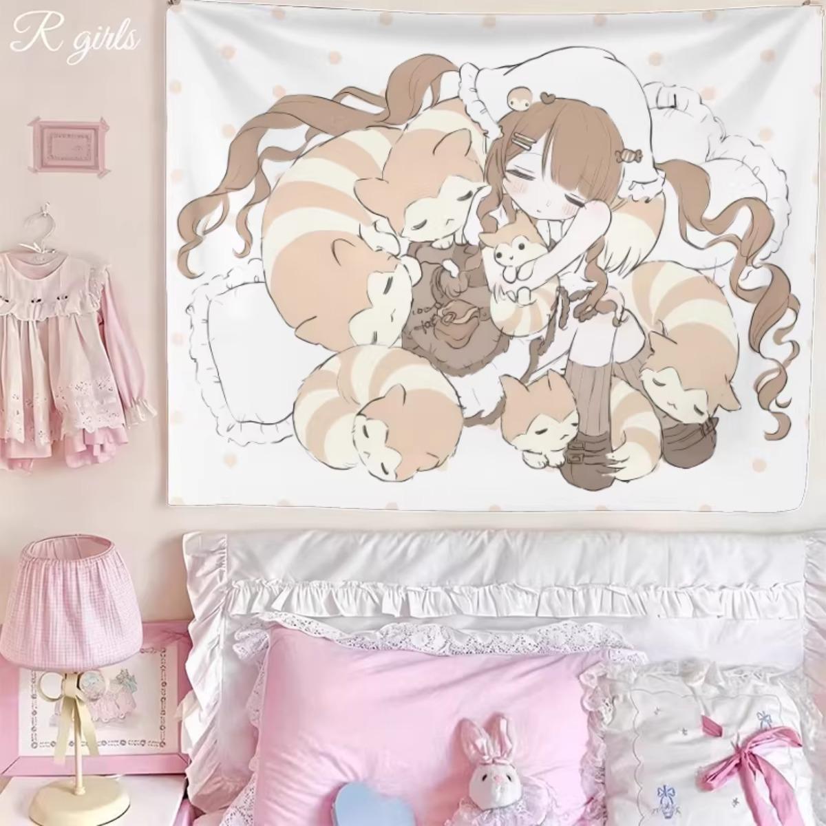 

Line Art Style Anime Tapestry Kawaii Cat Ear Angel Girls Wall Hanging Aesthetic Hand Drawn Decor Ins Style Bedroom Background 74x94cm(29x37in)