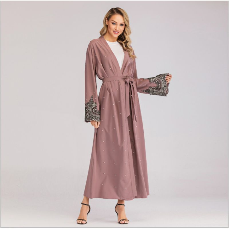 

Muslim Long Sleeve Embroidered Nail Bead Robe Cardigan Dress Purple S