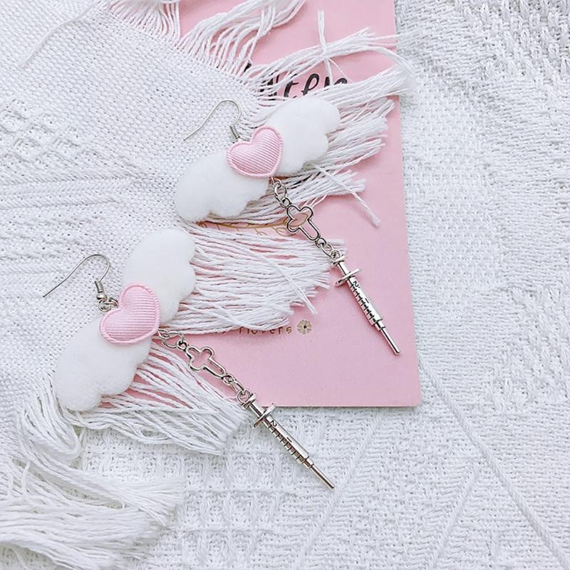 Unique Gothic Earwear Fashion Angel Wing Heart Earrings Y2k Aesthetics Jewelry Crucifix Syringe Ear Hooks/Ear Clips