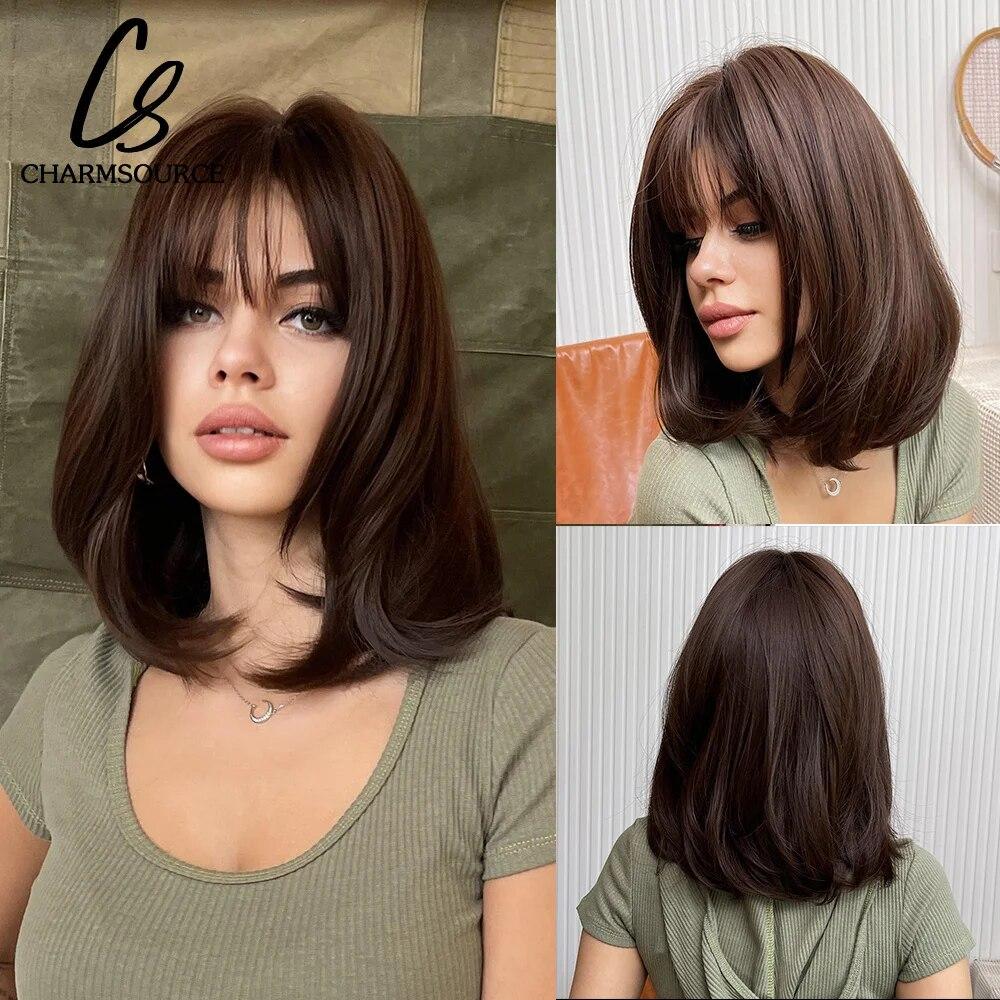 Short Straight Bob Synthetic Wigs with Bangs for Women Brown To Blonde Wig Cosplay Party Daily Heat Resistant Fiber Hair