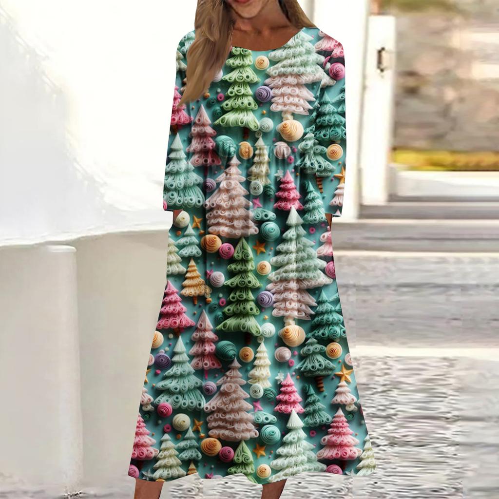 Women's Casual Round Neck Christmas Print Midi Dress Long Sleeve Pocket Dress