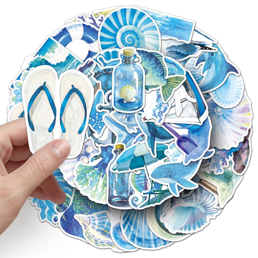 50 Blue Ocean Graffiti Stickers Cartoon Small Fresh Hand-painted Watercolor Decorative Water Cup Mobile Suitcase Stickers