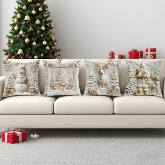 4Pcs Throw Pillowcase Snowflake Snowman Xmas Tree Pattern Invisible Zipper Design Pillow