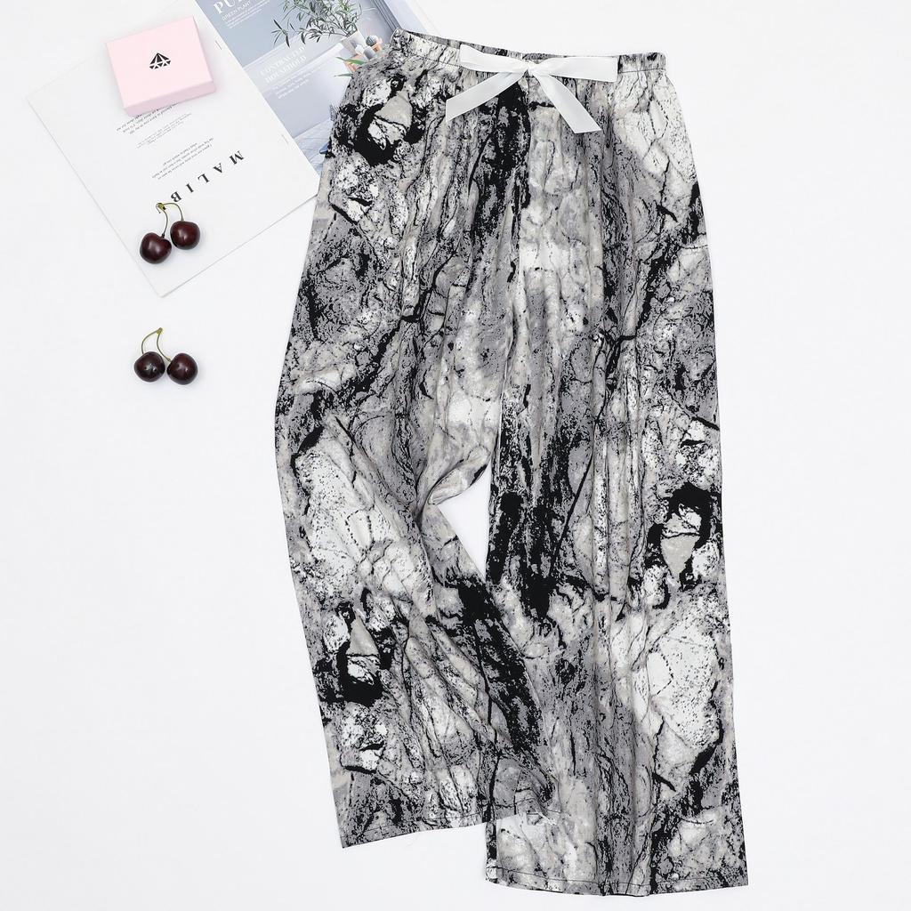 Women's Cotton-Silk Cartoon Pajama Pants, Summer Thin, Black & White Wide-Leg, Plus Size, Outdoor Beach Wear.