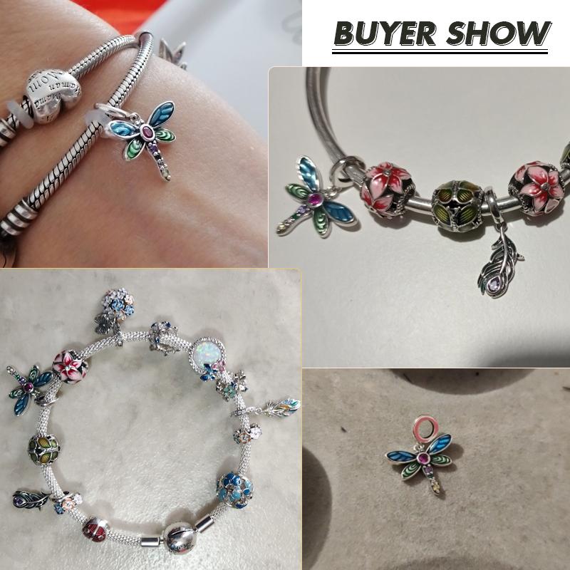 BAMOER Authentic 925 Sterling Silver Shiny Dragonfly Charm for Original Silver DIY Bracelet or Bangle Jewelry Make Beads SCC1706