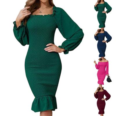 Women's Casual Solid Color Slim Fit Square Neck Wrapped Fishtail Skirt Mid Length Dress