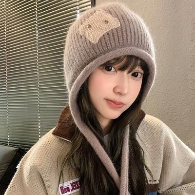 Korean Version Autumn Winter Face Enhancing Small Knitted Hat Trendy Lace Up Women's Hat Cycling Strap Warm Toe Cap Woolen Hat