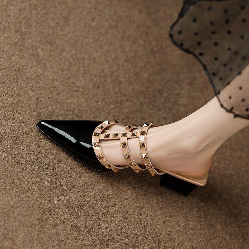 Baotou heel summer half drag hollow  middle and outer wear lazy cool slippers women's thick heel rivets pointed women's shoes