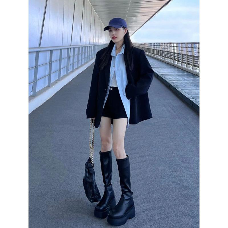 Damen Schicker Schwarzer Blazer Frühling Herbst Lässig Locker Geschnitten Slim Koreanischer Stil Kleine Größe Trendige Jacke
