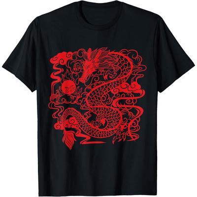 Red Chinese Firedrake T Shirt Dragon Print Art Wear T Shirt
