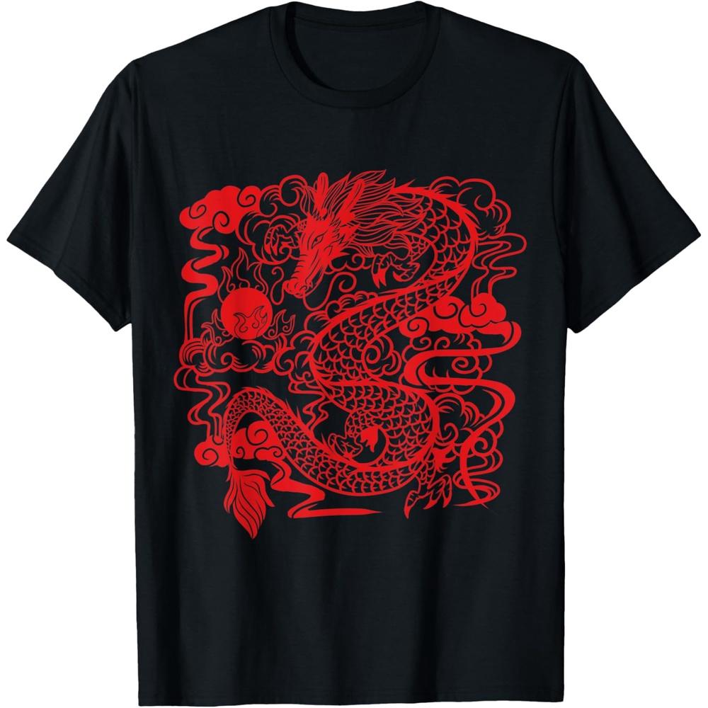 Red Chinese Firedrake T Shirt Dragon Print Art Wear T Shirt XS чёрный