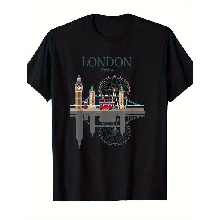 London Souvenir T-Shirt for Men  Women - Vintage British UK Landmarks (Big Ben, London Eye, Red Bus, Taxi, Phone Box) - Iconic London Bridge  Tower S чёрный