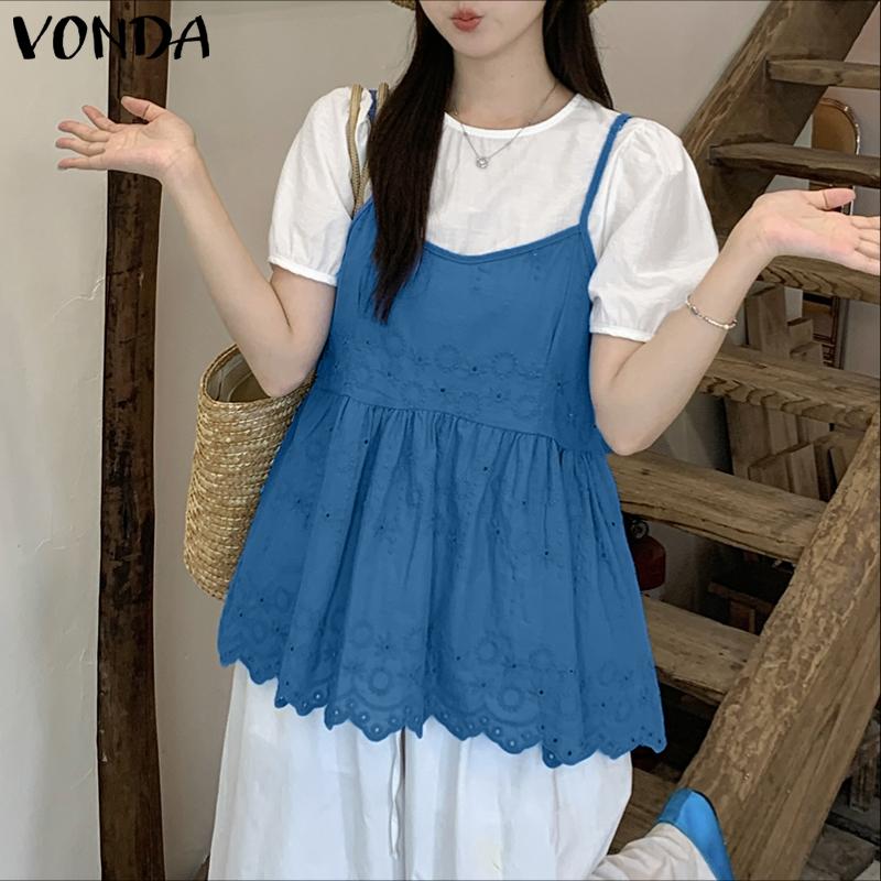 VONDA Women Short Sleeve Front Crochet Patchwork Fake Two Pieces Blouse