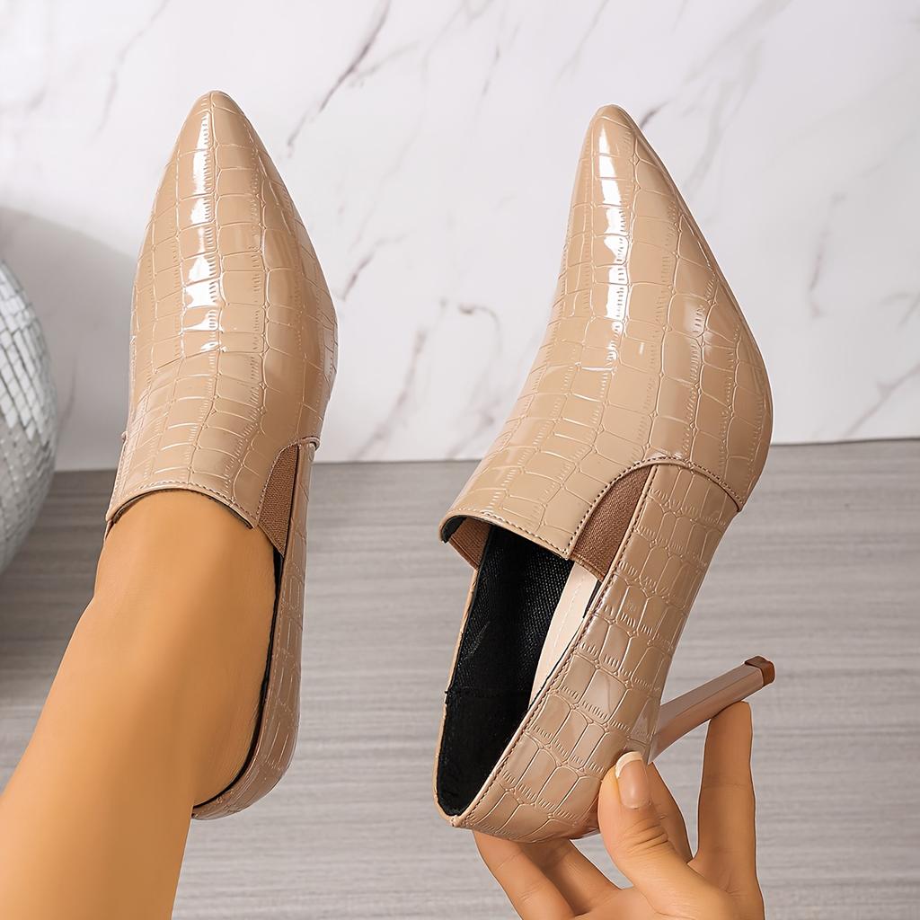 Jesienno-zimowe czarne buty na wysokim obcasie z czubkiem i wzorem kamienia, na smukłym obcasie, zaprojektowane dla unikalnego i eleganckiego stylu, wygodne dla kobiet.