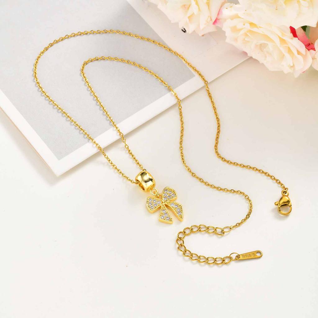 Pave Cubic Zirconia Charms Bowtie Flower Pendant Necklace for Women, Fashion Stainless Steel Clavicle Chain Necklaces Wholesale