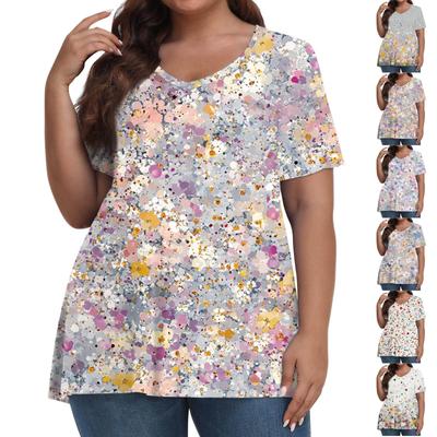 Modă Femei Casual Pulover cu Gât în V Mânecă Scurtă Mărime Mare Tricou Imprimat Top
