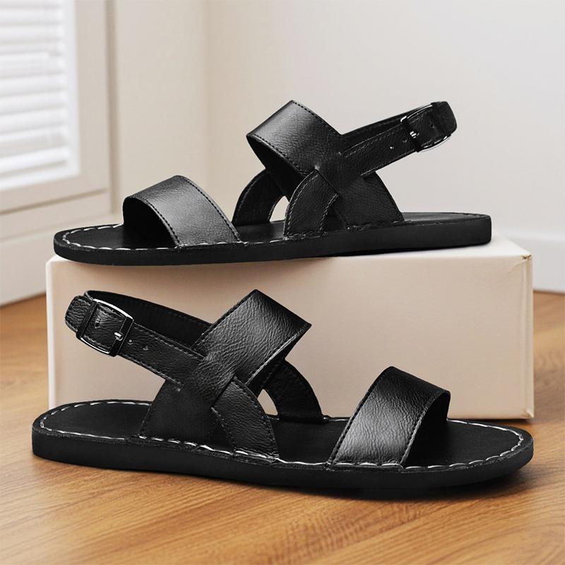 Men Slippers Handmade Simple Flats Summer Roman Sandals Retro Brown Leather Beach Shoes Plus Size