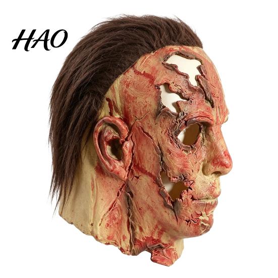 Realistic Zombie Cosplay Mask Horror Character Mask, Scary Halloween Latex Full Head with Battle Damaged Miles Wig, Costume for Masquerade Party Props