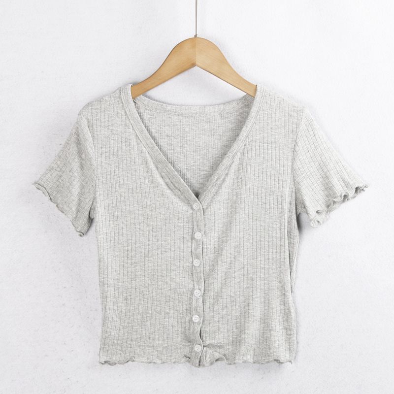 

Cotton V-neck Buttons Cardigan Fashion Export Lace Gray S