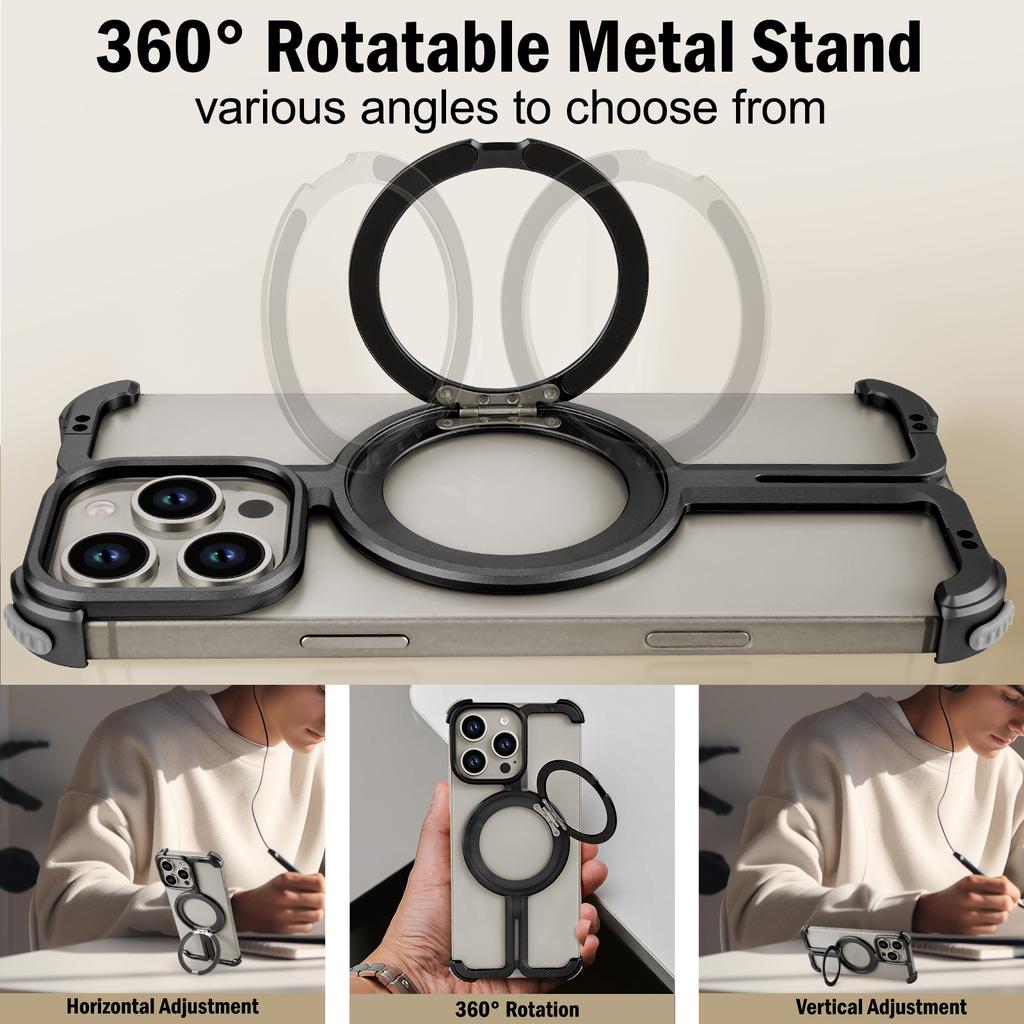 Oatsbasf Minimalist Phone Case for iPhone 16 Pro Max with Ring 360° Rotatable Magnetic Kickstand Metal Frameless Bumper Cover