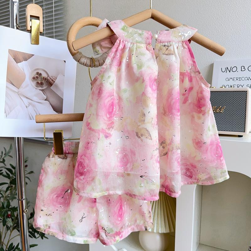 Girls Summer Bow Floral Vest Shirt And Shorts Set Princess Two Piece Outfit For Kids