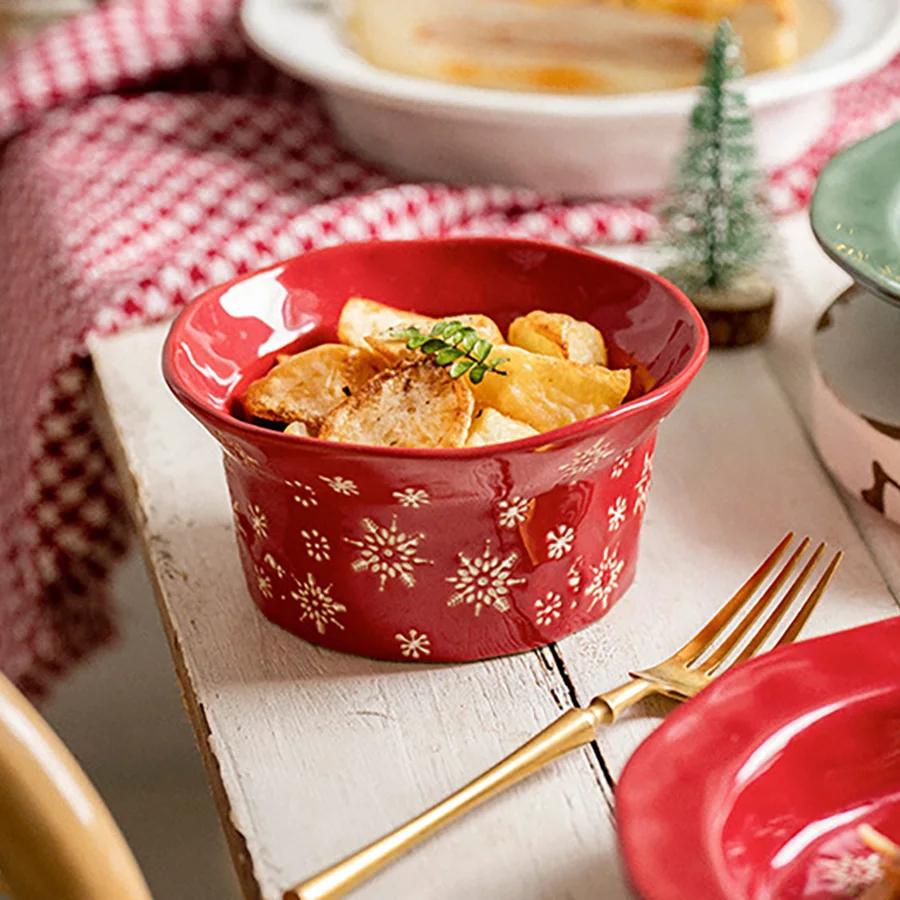 Christmas Series Tableware Relief Plate Red Snowflake Pattern Steak Western Dish Plate Simple Ceramic Dessert Bowl Mug