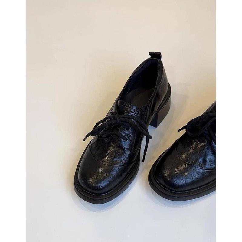

British retro round toe lace up loafers for women 2026 new coarse heel casual leather shoes for women 35 чёрный