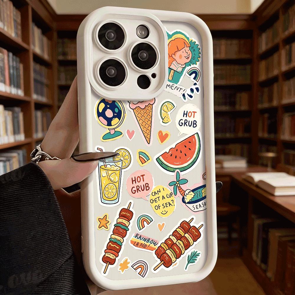 Summer Food Stickers Set Phone Case for iPhone 17 16 15 14 13 12 11 Pro Max Plus Anti Scratch, Gel Flexible Protective