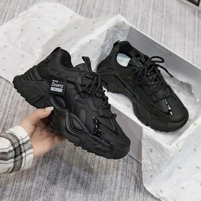 Fashion Women's Shoes Platform Autumn Leather 2024 New Versatile Black Casual Sneaker Solid Color Lace-up Vulcanize Shoes Tenis Feminino